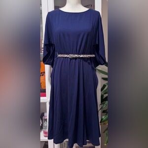 Navy Blue Women's Midi Dress- Leopard Print Belt not included